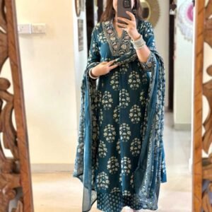 Women's Cotton Floral Printed Anazrkali Kurti with Pant & Dupatta Set